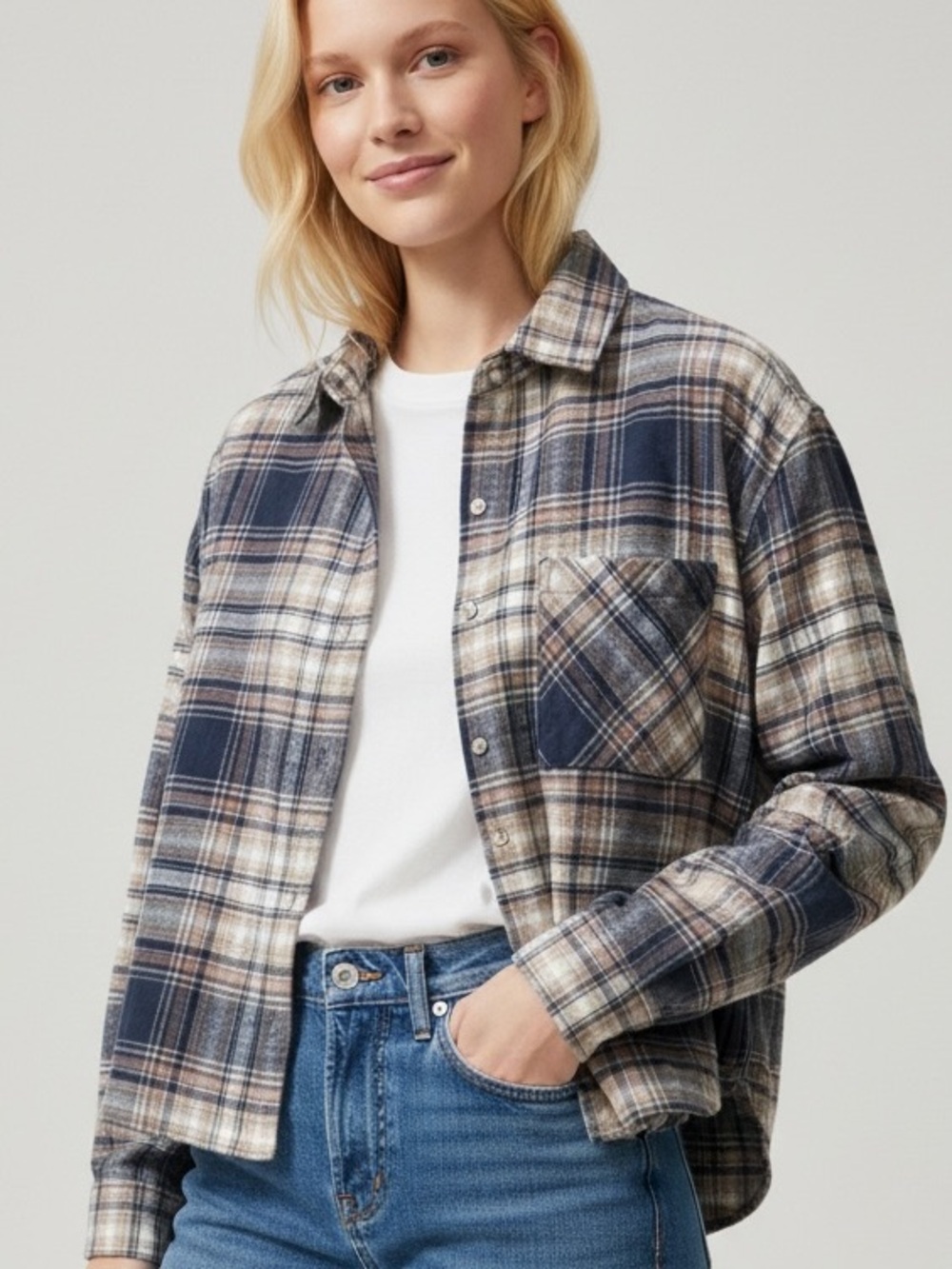 Scotch & Soda Amsterdam Cropped Flannel Shirt Blue Pink New with Tags Size Small